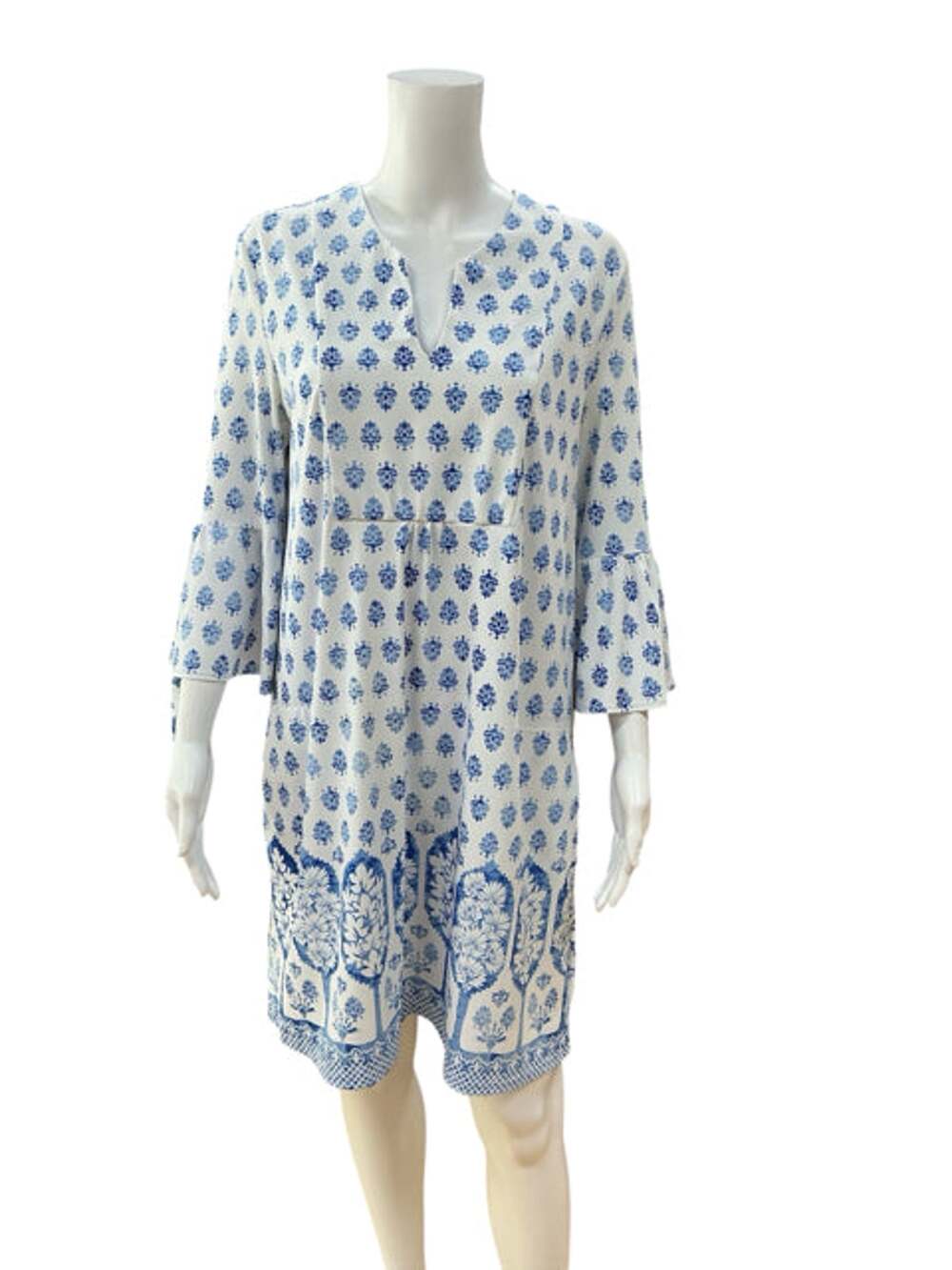 Jude Connally Ella Tunic Dress M Blue White Floral Block Print 3/4 Sleeve